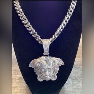 Men CZ Diamond Ice Out Medusa  Chain+Pendant Gold Plated Big Iced 14mm 22Inch